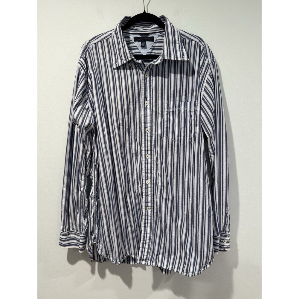 Tommy Hilfiger Shirt Men XL Blue Striped Button Down 100% Cotton Workwear Travel